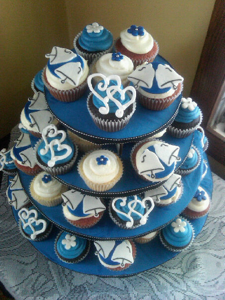 Interlocking Hearts Wedding Bells and Navy Blue Flowers on a tiered 
